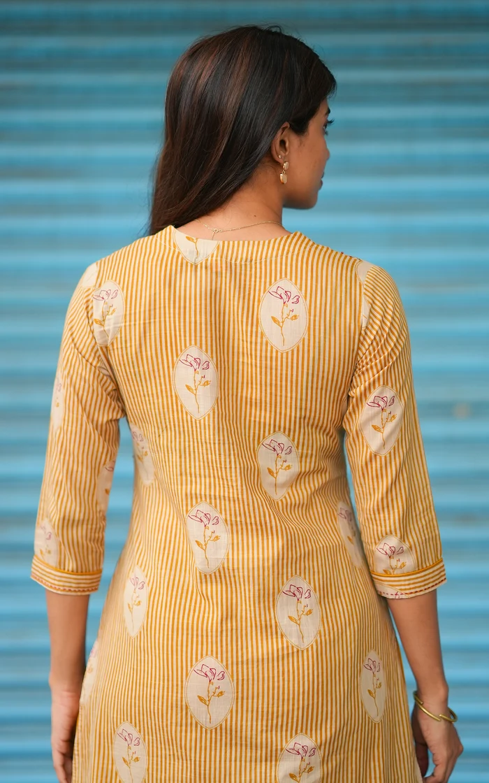 Mustard Yellow Aline Cotton Straight Kurti set